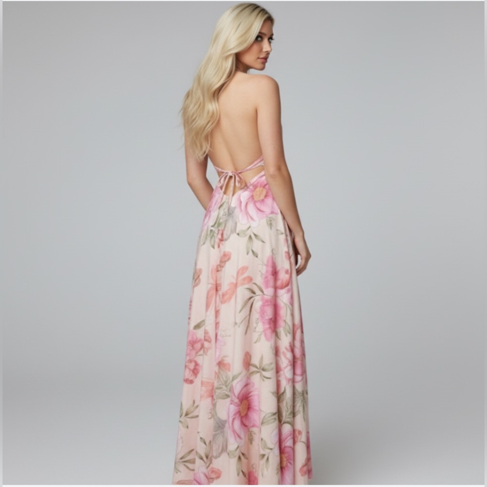 Boho Pink Floral Halter V- Neck Maxi Dress Low Back - Picture 7 of 12
